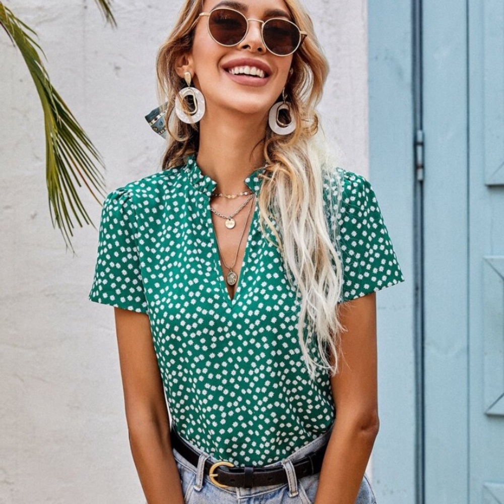 Shein Ditsy Floral Ruched Neck Blouse